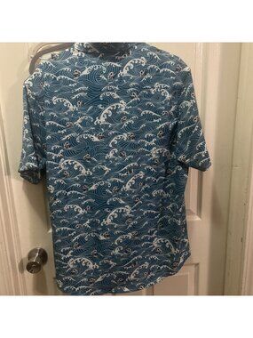 VSRT Premium Button Up Shirt Men Large Teal Green Hawaiian Wave Short Sleeve